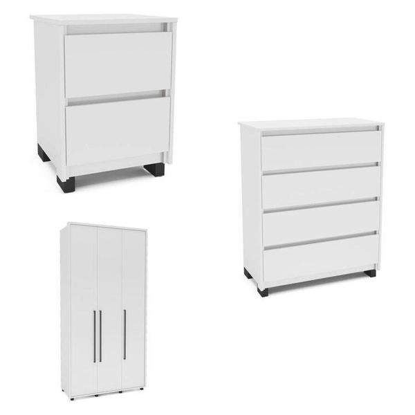 Imagem de Quarto Completo Guarda-Roupa 3 Portas Cômoda 4 Gavetas 1 Mesa de Cabeceira 2 Gavetas Branco