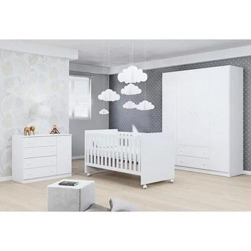 Imagem de Quarto Completo Infantil Elisa MDF com Guarda Roupa 4 Portas, Cômoda 1 Porta e Berço 2 em 1 Branco - Phoenix Baby