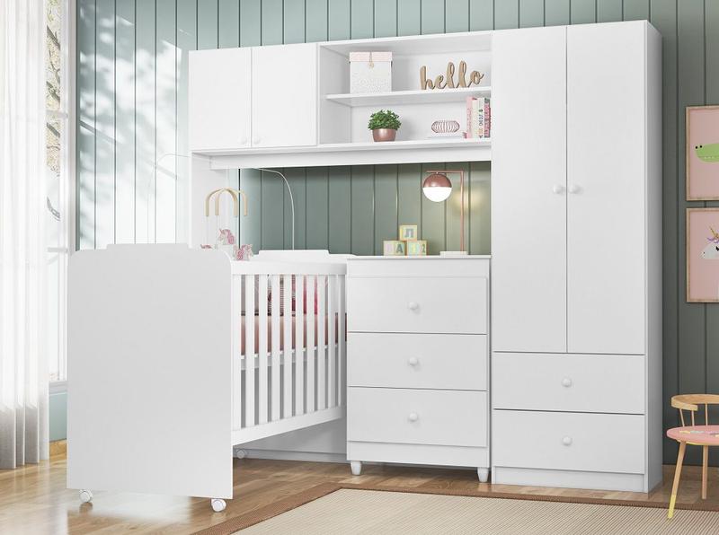 Imagem de Quarto Completo Infantil Sophia com Roupeiro, Cômoda e Berço Branco - Peternella