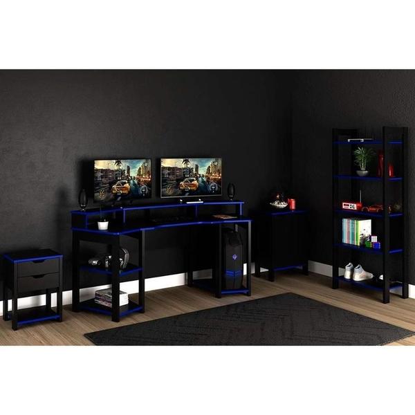 Imagem de Quarto Completo Solteiro Gamer 4 Peças (Mesa Cabeceira + Mesa de Computador + Balcão + Estante) Preto/Azul - Tecno Mobili