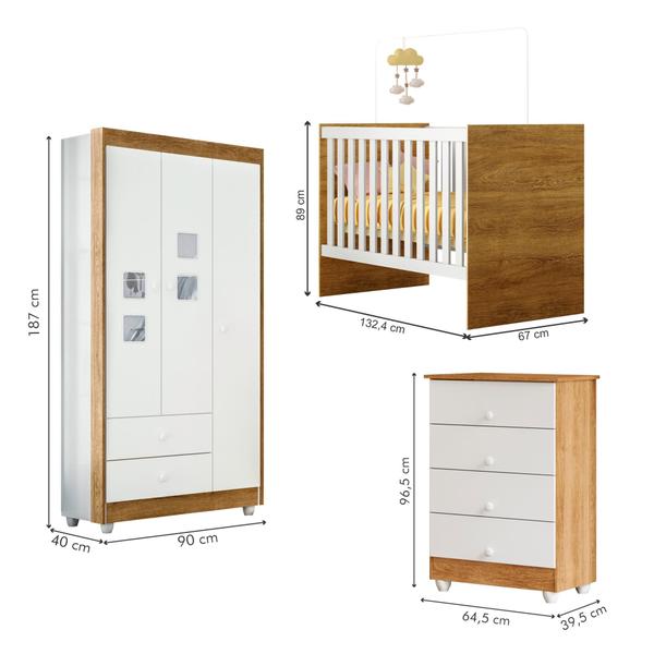 Imagem de Quarto de Bebê 100% MDF Berço com Colchão, Cômoda Soft e Guarda Roupa 3 Portas Life Branco e Ypê