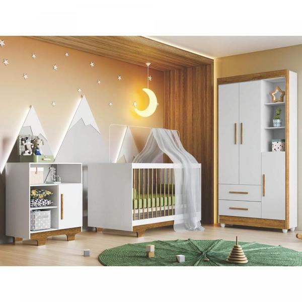 Imagem de Quarto de Bebê 100% MDF com Berço Minicama, Cômoda e Guarda Roupa 3 Portas Flocos Branco/Ypê