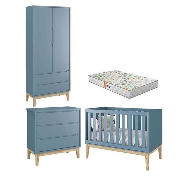 Imagem de Quarto De Bebê 2 Portas E Cômoda Gaveteiro New Classic Azul Com Pés Madeira Natural