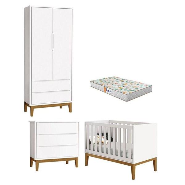 Imagem de Quarto De Bebê 2 Portas E Cômoda Gaveteiro New Classic Branco Com Pés Madeira E Colchão Gazin