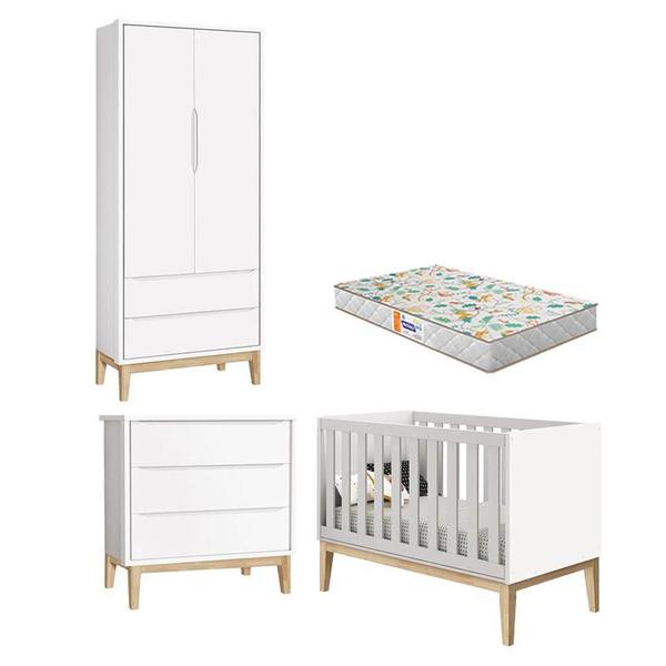 Imagem de Quarto de Bebê 2 Portas e Cômoda Gaveteiro New Classic Branco com Pés Madeira Natural e Colchão Gazin  Reller