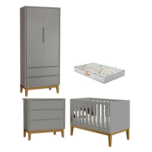 Imagem de Quarto De Bebê 2 Portas E Cômoda Gaveteiro New Classic Cinza Com Pés Madeira E Colchão Gazin