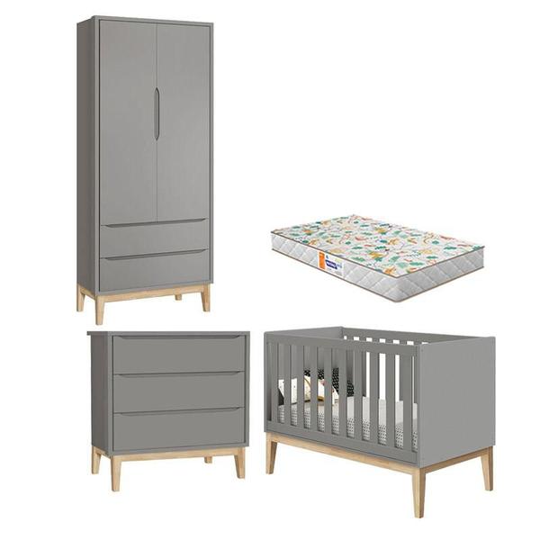 Imagem de Quarto de Bebê 2 Portas e Cômoda Gaveteiro New Classic Cinza com Pés Madeira Natural e Colchão Gazin  Reller