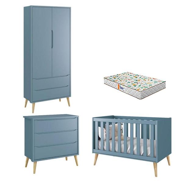 Imagem de Quarto de Bebê 2 Portas e Cômoda Gaveteiro Theo Azul Pés Madeira Natural com Colchão Gazin  Reller