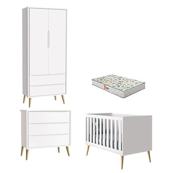 Imagem de Quarto de Bebê 2 Portas e Cômoda Gaveteiro Theo Branco Pés Madeira Natural com Colchão Gazin  Reller