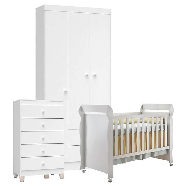 Imagem de Quarto de Bebê 3 Portas com Gaveteiro Ternura Baby e Berço Mirelle Branco Brilho - Incorplac