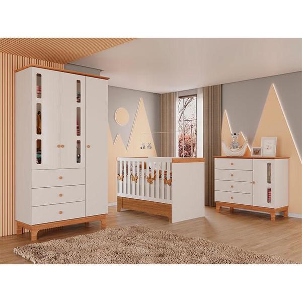 Imagem de Quarto de Bebê 3 Portas e Berço com Gaveta Antonella Off White Caramelo  Canaã