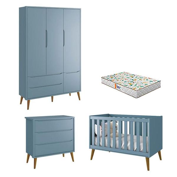 Imagem de Quarto de Bebê 3 Portas e Cômoda Gaveteiro Theo Azul Pés Amadeirados com Colchão Gazin  Reller