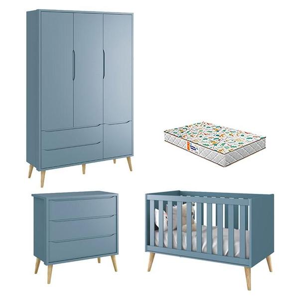 Imagem de Quarto de Bebê 3 Portas e Cômoda Gaveteiro Theo Azul Pés Madeira Natural com Colchão Gazin  Reller