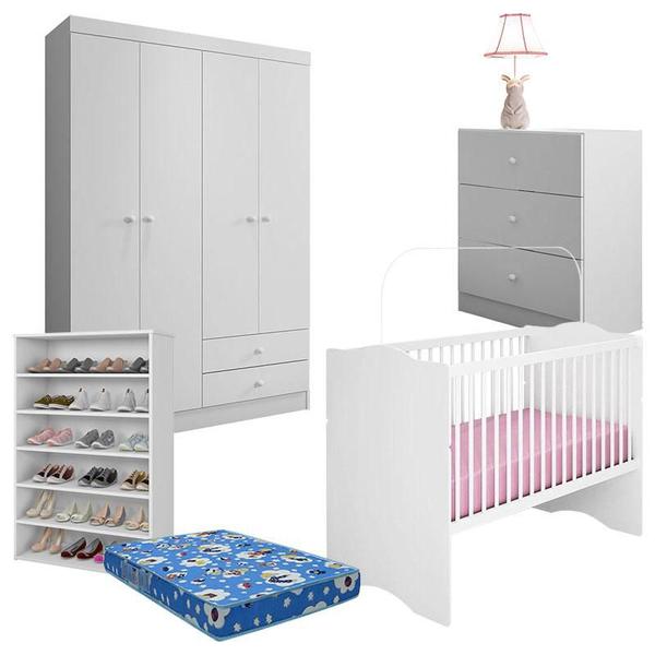 Imagem de Quarto de Bebe 4 Portas com Berço Alegria e Sapateira Branco Brilho com Colchão - AJL