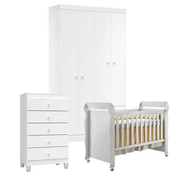 Imagem de Quarto de Bebê 4 Portas com Gaveteiro Ternura Baby e Berço Mirelle Branco Brilho - Incorplac