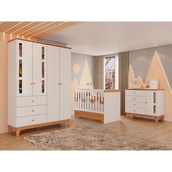 Imagem de Quarto de Bebê 4 Portas e Berço com Gaveta Antonella Off White Caramelo com Colchão Ortobom  Canaã