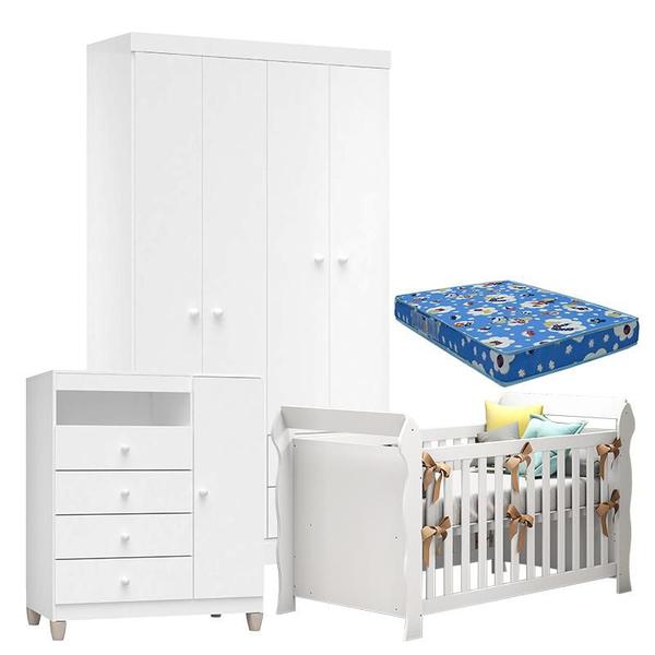 Imagem de Quarto de Bebê 4 Portas Ternura Baby com Berço Lara Branco Brilho com Colchão - Incorplac