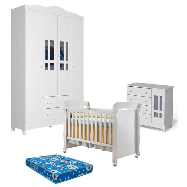 Imagem de Quarto de Bebê Ariel 4 Portas e Berço Americano Mirelle Branco Brilho com Colchão Ortobom - Carolina