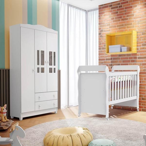 Imagem de Quarto de Bebê Ariel Berço Mini Cama Mirelle Guarda Roupa Infantil 3 Portas Branco Carolina Baby