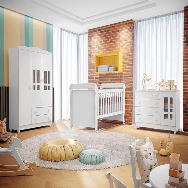 Imagem de Quarto de Bebê Ariel Berço Minicama Mirelle Guarda Roupa 3 Portas Cômoda Branco Carolina Baby