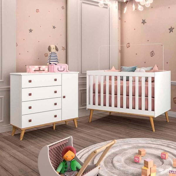 Imagem de Quarto de Bebê Berço 3 em 1 Retro Cômoda com Porta Fraldário Infantil Branco Carolina Baby