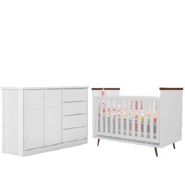 Imagem de Quarto de Bebê Berço Americano Baby Wood e Cômoda Infantil Diamante 100% MDF Cor Branco com Amadeirado - Phoenix Baby