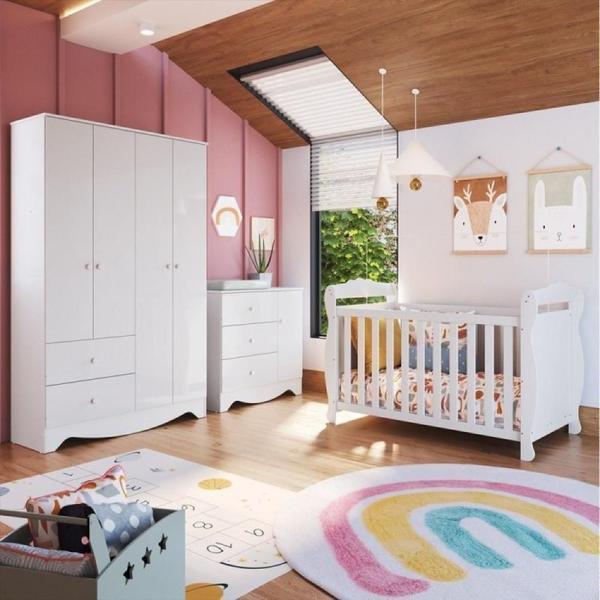 Imagem de Quarto de Bebê Berço Americano e Guarda Roupa 4 Portas Cômoda Cocada Espresso Móveis Branco Brilho