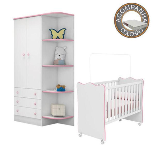 Imagem de Quarto de Bebê Berço c/Rod Colchão Light e Guarda Roupa Doce Sonho Branco Rosa Qmovi Ortobom