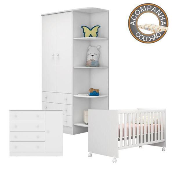 Imagem de Quarto de Bebê Berço c/Rod Colchão Nana Guarda Roupa Cômoda Doce Sonho Branco Qmovi Umaflex