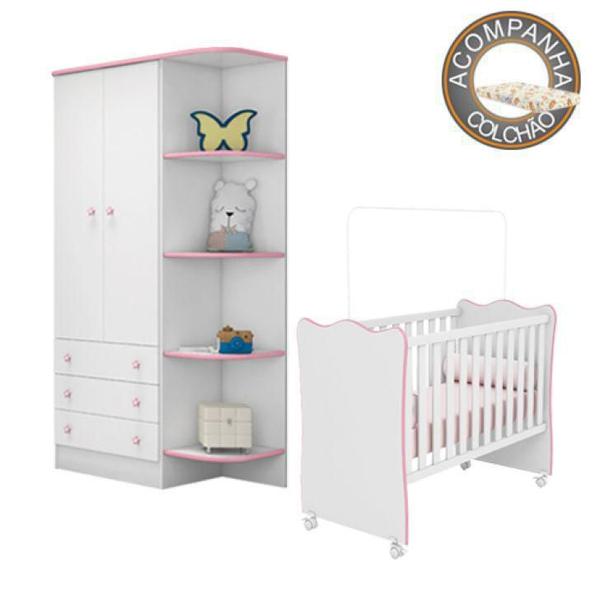 Imagem de Quarto de Bebê Berço c/Rod Colchão Nana Nenem e Guarda Roupa Doce Sonho Branco Rosa Qmovi Umaflex