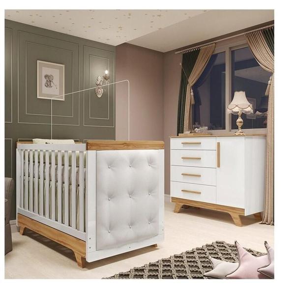 Imagem de Quarto de Bebê Berço com Capitonê e Cômoda 100% Mdf Retrô Kakau Espresso Móveis Branco Brilho/Amêndoa/Branco