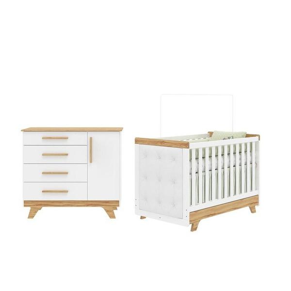 Imagem de Quarto de Bebê Berço com Capitonê e Cômoda 100% Mdf Retrô Kakau Espresso Móveis Branco Brilho/Amêndoa/Branco