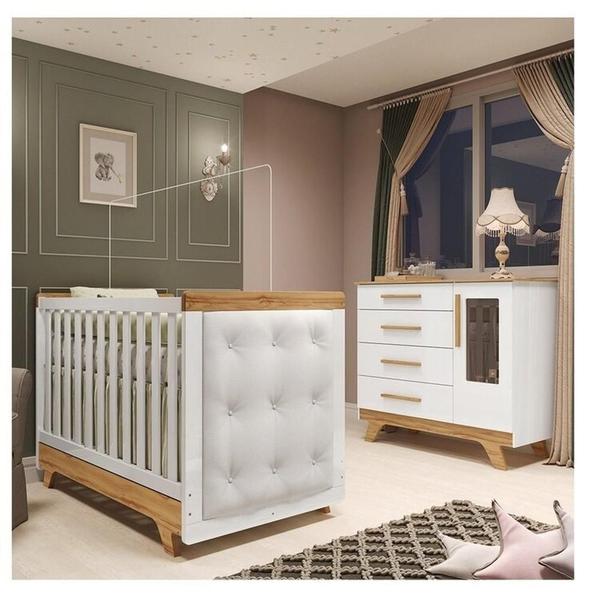 Imagem de Quarto de Bebê Berço com Capitonê e Cômoda com Janelas 100% Mdf Retrô Kakau Espresso Móveis Branco Brilho/Amêndoa/Branco