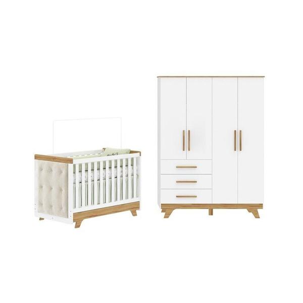 Imagem de Quarto de Bebê Berço com Capitonê e Guarda-roupa 100% Mdf Retrô Kakau Espresso Móveis Branco Brilho/Amêndoa/Branco