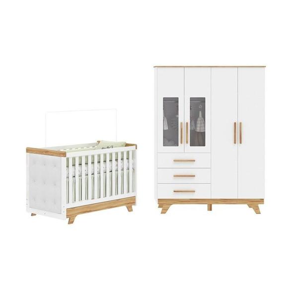 Imagem de Quarto de Bebê Berço com Capitonê e Guarda-roupa com Janelas 100% Mdf Retrô Kakau Espresso Móveis Branco Brilho/Amêndoa/Branco