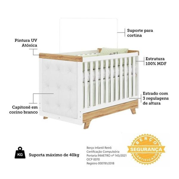 Imagem de Quarto de Bebê Berço com Capitonê Guarda-roupa e Cômoda 100% Mdf Retrô Kakau Espresso Móveis Branco Brilho/Amêndoa/Branco