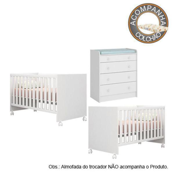 Quarto de Bebê Berço Gemeos c/ Rodízios Colchão Nana Nenem e Cômoda Doce Sonho Branco Qmovi Umaflex Imagem de Quarto de Bebê Berço Gemeos c/ Rodízios Colchão Nana Nenem e Cômoda Doce Sonho Branco Qmovi Umaflex