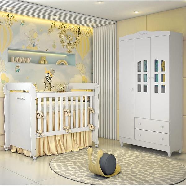 Imagem de Quarto de Bebê Berço Mini Cama Povençal Lisa Guarda Roupa 3 Portas Infantil Branco Carolina Baby