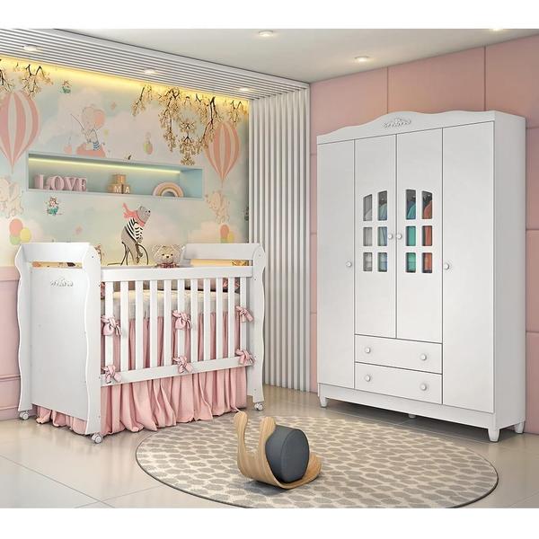 Imagem de Quarto de Bebê Berço Mini Cama Provençal Lisa Guarda Roupa 4 Portas Infantil Branco Carolina Baby