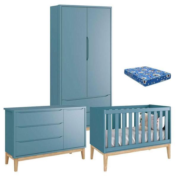 Imagem de Quarto de Bebê Classic 2 Portas com Colchão Azul Pés Madeira Natural - Reller