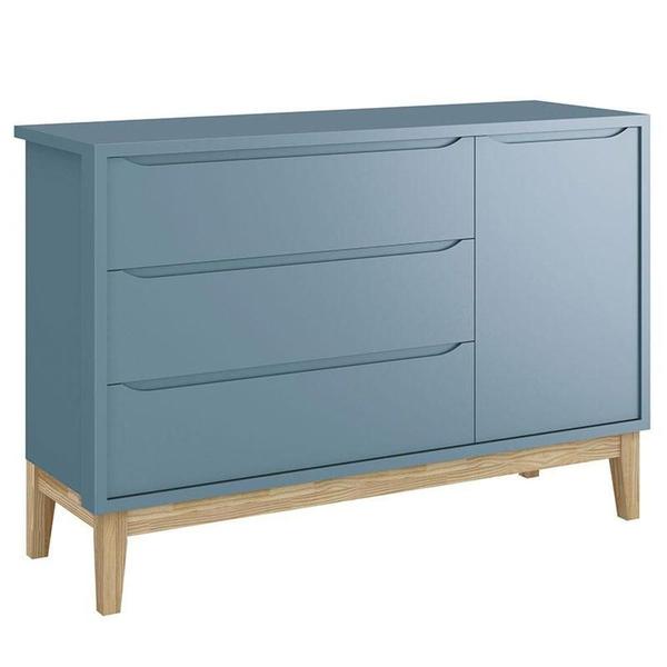 Imagem de Quarto De Bebê Classic 3 Portas Com Colchão Azul Pés Madeira Natural - Reller