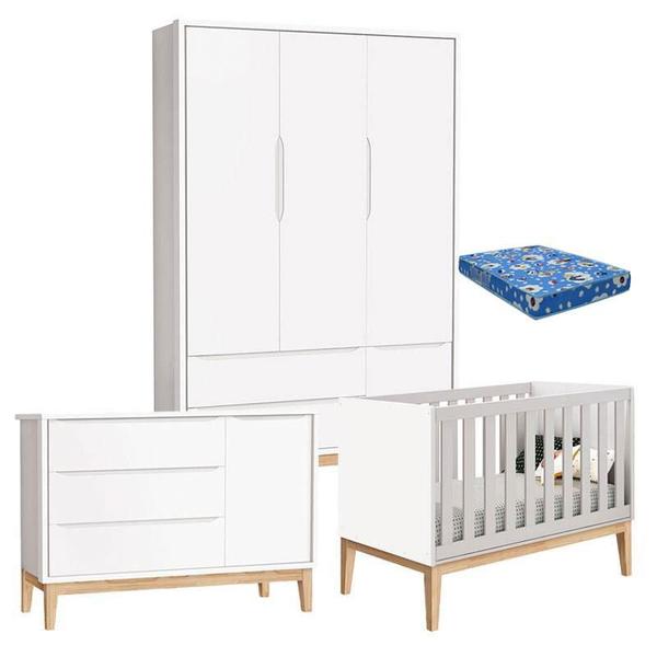 Imagem de Quarto de Bebê Classic 3 Portas com Colchão Branco Pés Madeira Natural - Reller