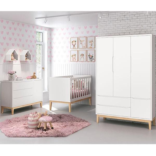 Imagem de Quarto de Bebê Classic 3 Portas com Colchão Branco Pés Madeira Natural - Reller