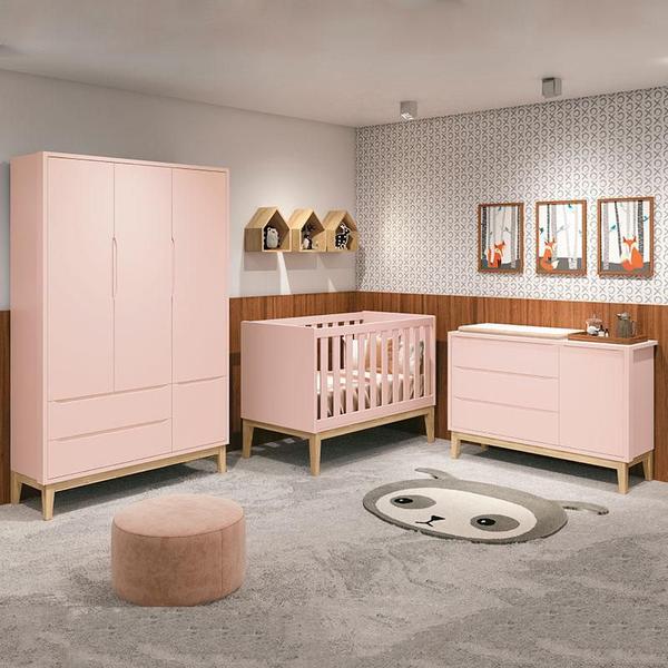 Imagem de Quarto de Bebê Classic 3 Portas com Colchão Rosa Pés Madeira Natural  Reller