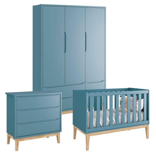 Imagem de Quarto de Bebê Classic 3 Portas Cômoda Gaveteiro Azul com Pés Madeira Natural - Reller