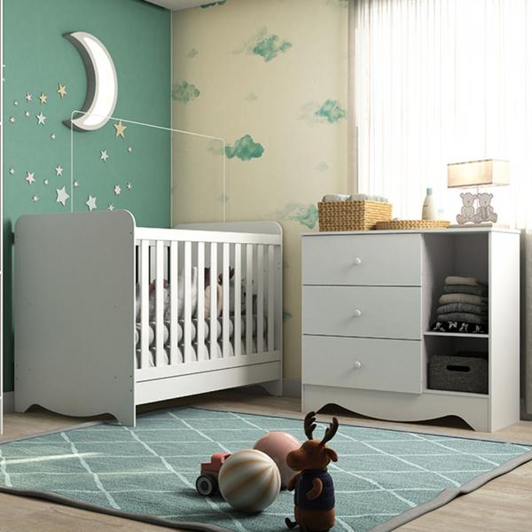 Imagem de Quarto de Bebê com Berço Americano 3 em 1 e Cômoda 1 Porta 3 Gavetas Ben Branco Brilho