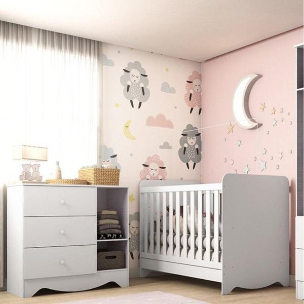 Imagem de Quarto de Bebê com Berço Americano 3 em 1 e Cômoda 1 Porta com Janela Ben Móveis Peroba Branco Brilho