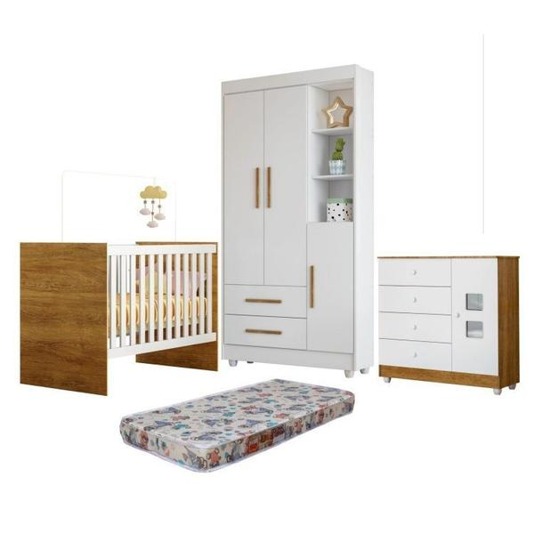 Imagem de Quarto de Bebê com Berço com Colchão, Cômoda 1 Porta 4 Gavetas e Roupeiro Flocos 3 Portas 2 Gavetas Branco/Madeirado Ypê