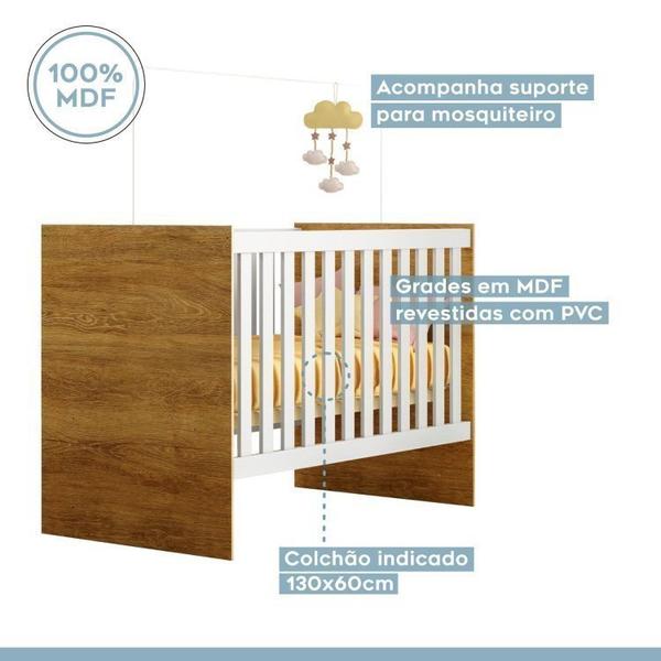 Imagem de Quarto de Bebê com Berço com Colchão Suporte Life e Cômoda 100% Mdf 1 Porta 3 Prateleiras Flocos Branco/Madeirado Ypê