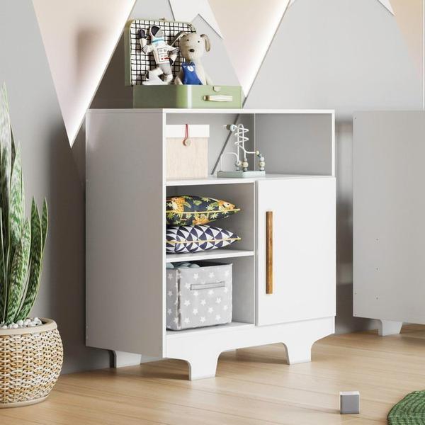 Imagem de Quarto de Bebê com Berço com Colchão Suporte Life e Cômoda 100% Mdf 1 Porta 3 Prateleiras Flocos Branco